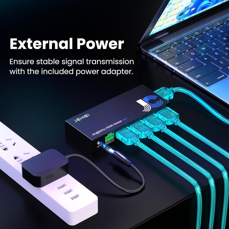 JCHICI HDMI Switch 4 in 1 Out 4K@60Hz, 4 Ports HDMI Switcher Splitter Selector with Remote, Support HDCP 2.2 HDR 10+ Dolby Vision/Atmos 18Gbps CEC for Apple TV Game PC PS4 5 Pro Xbox Roku - Image 3